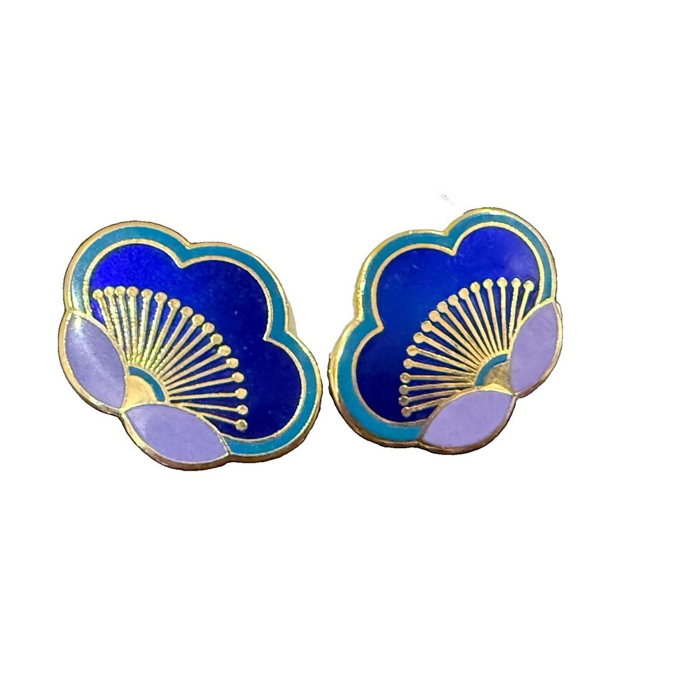 Vtg Laurel Burch Enamel Fan Earrings Water Lily Nile Lotus Blue Purple 1980s ~1"